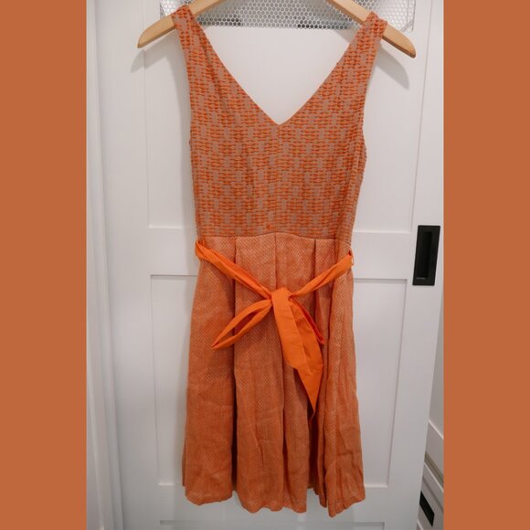 Anthropologie Eva Franco Dress Swing Orange Texture 50's Housewife Belted - Picture 6 of 7